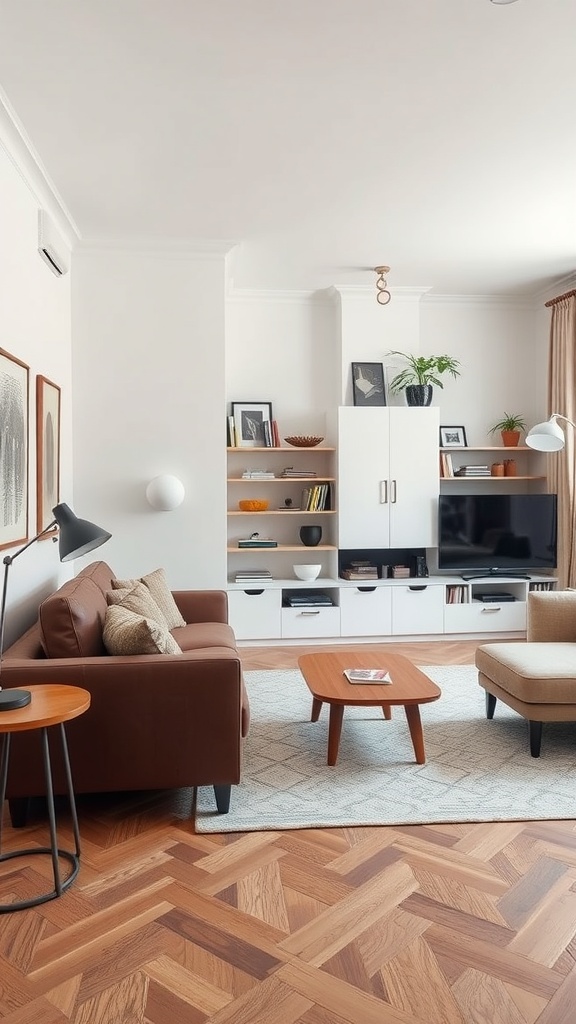 A stylish small living room featuring a leather sofa, wooden furniture, and decorative shelving.
