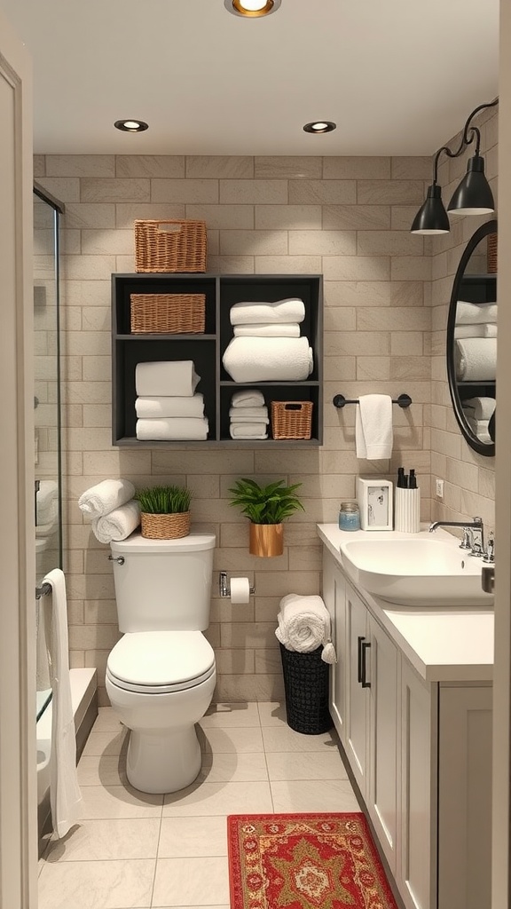 A well-organized bathroom with smart storage solutions, showcasing shelves with towels and decorative plants.