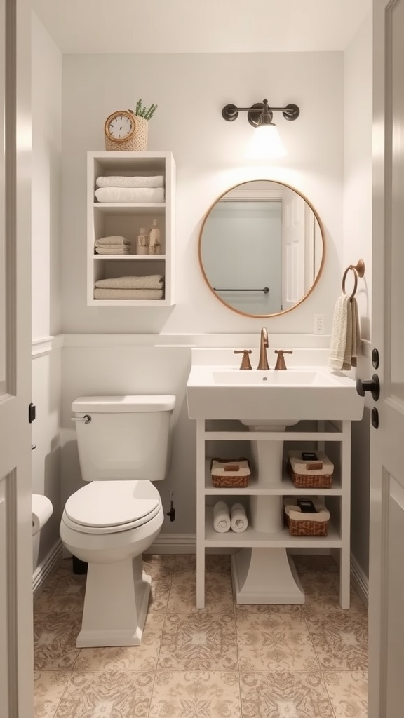 A modern guest bathroom featuring functional storage solutions with shelves, a round mirror, and a neat arrangement of towels and accessories.
