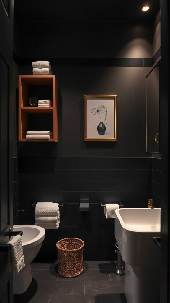 A dark bathroom featuring wooden shelves, neatly arranged towels, a woven basket, and artwork on the wall.