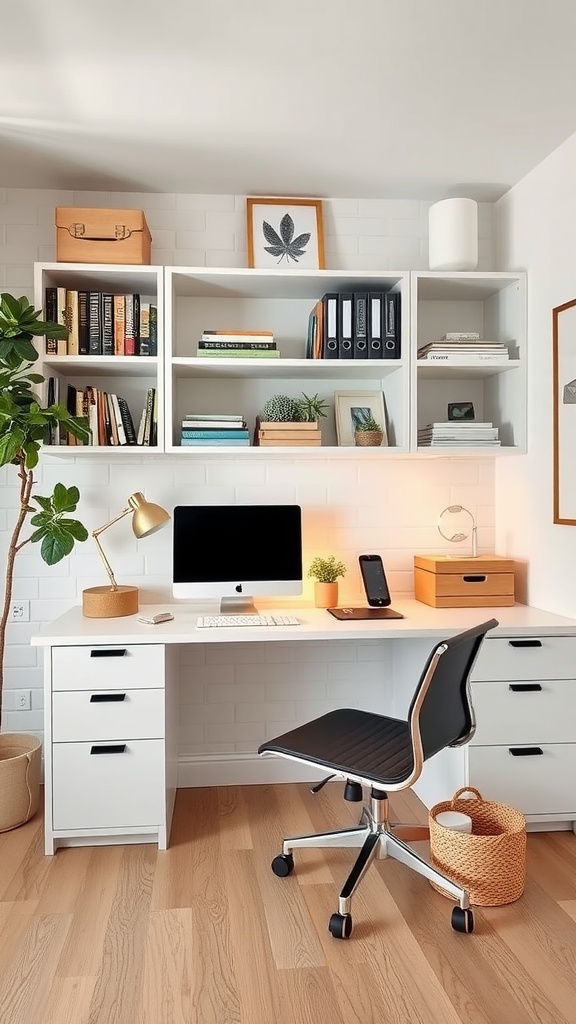 Modern home office with a white desk, organized shelves, and stylish decor.