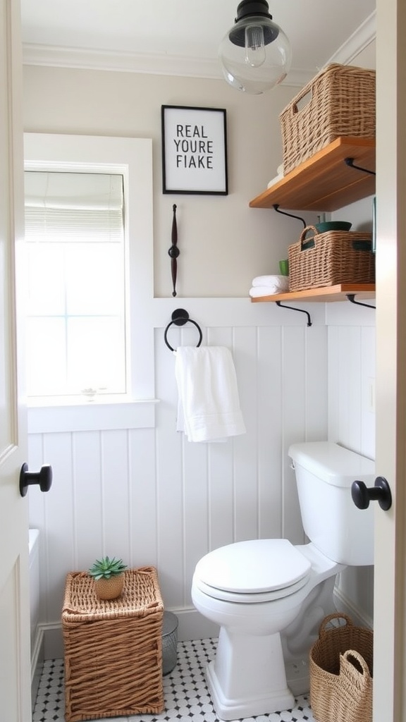 A small farmhouse bathroom with functional storage solutions.
