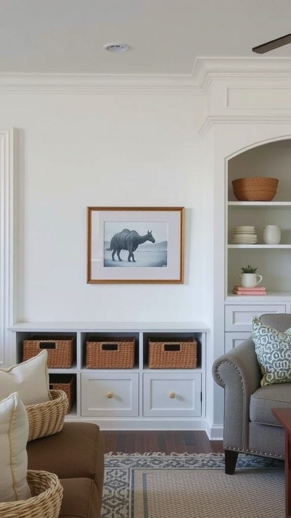 A coastal casual living room featuring functional storage with woven baskets and a horse artwork