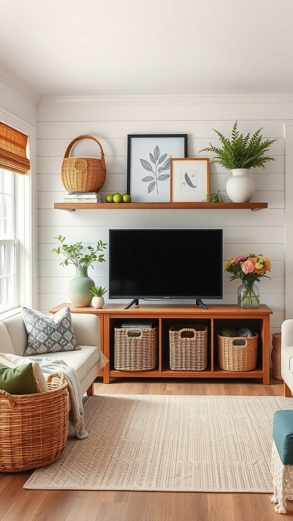 A cozy farmhouse living room featuring a TV stand with woven baskets, decorative items on shelves, and comfortable seating.