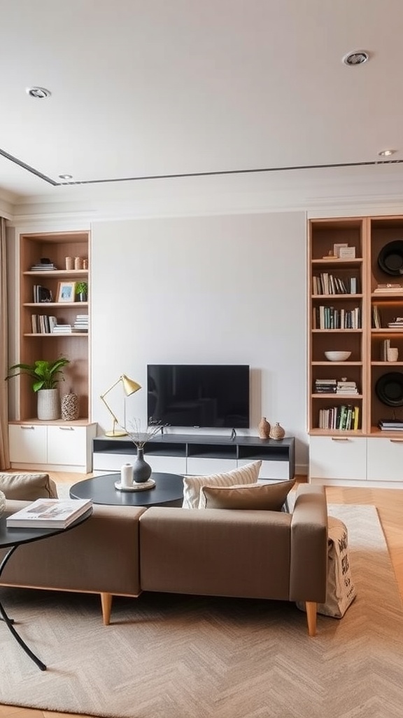 A modern living room with a comfortable sofa, a coffee table, and stylish storage solutions.