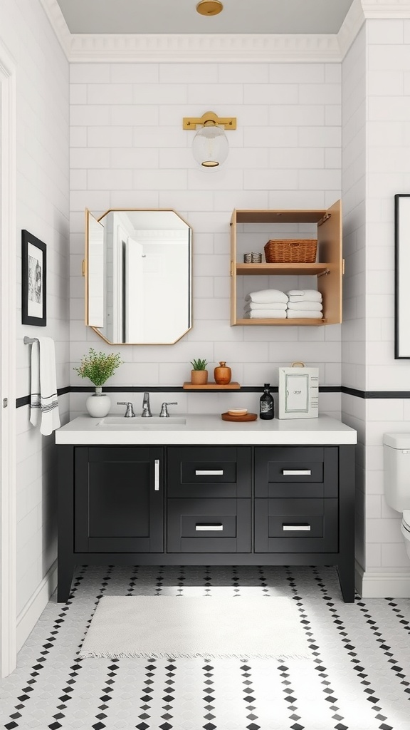 A modern black bathroom vanity with white countertop, open shelving, and stylish decor.