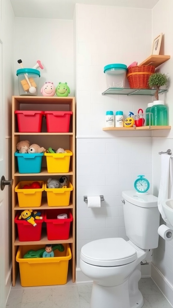 Colorful bins and shelves in a kids' bathroom for organized storage.