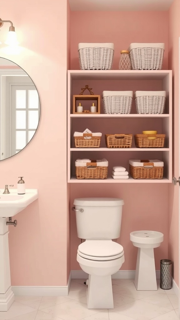 A pink bathroom featuring organized shelves with baskets and towels.