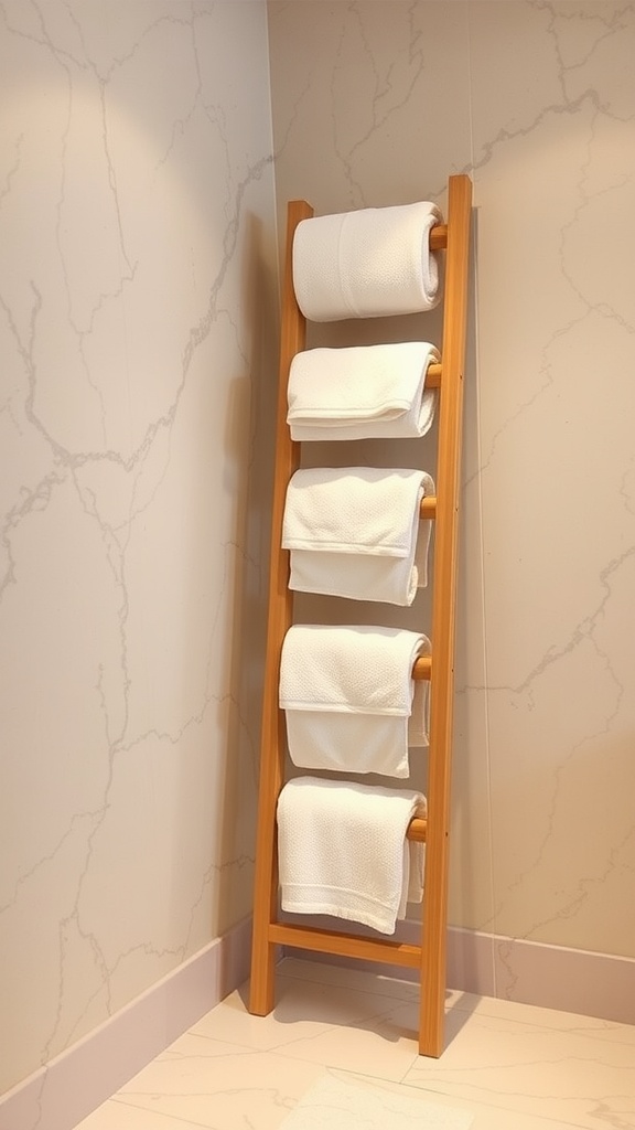 A wooden towel ladder with white towels neatly rolled on each rung.