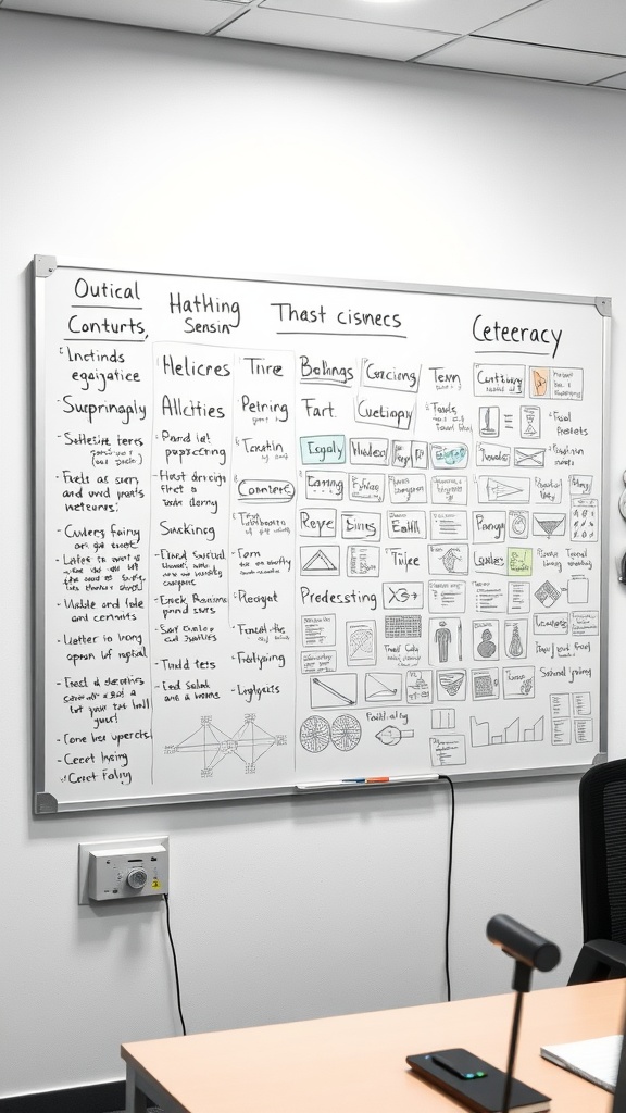 A whiteboard filled with notes, diagrams, and illustrations in an office setting, showcasing collaborative brainstorming.