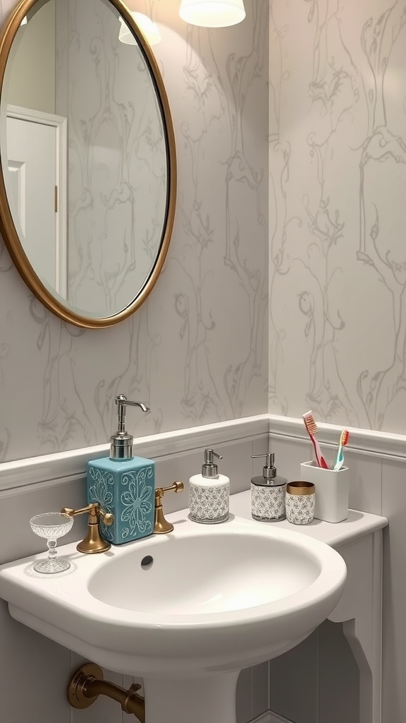 A stylish bathroom featuring a white sink, colorful soap dispenser, elegant storage containers, and a round mirror.