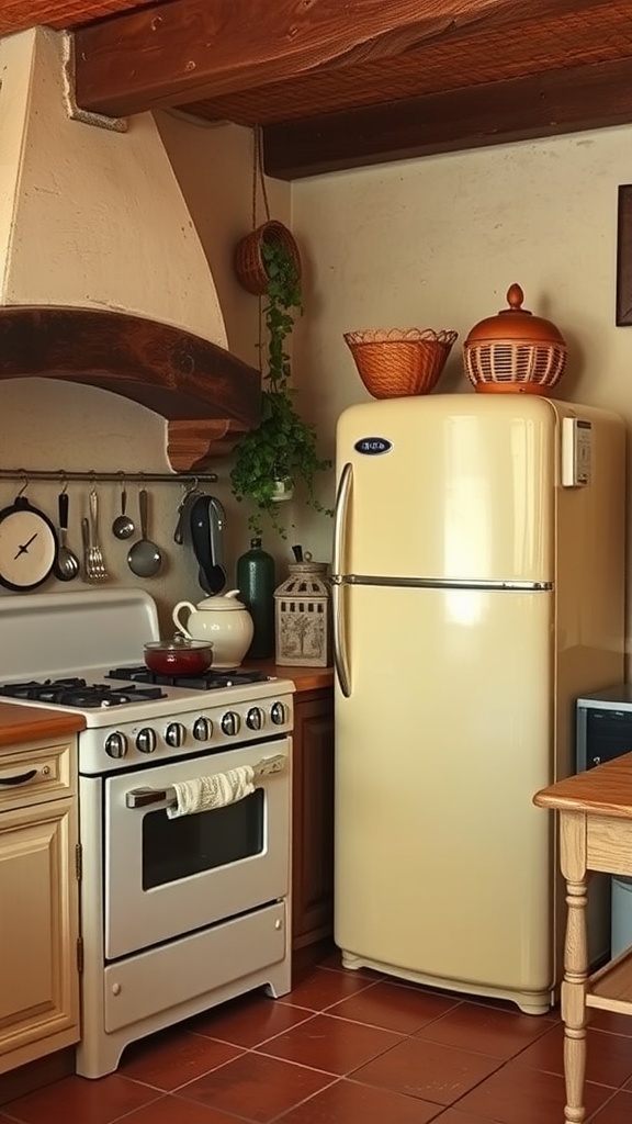 Interior of an Italian farmhouse kitchen featuring a vintage refrigerator, stove, and rustic decor.