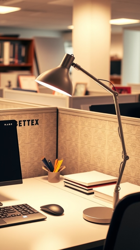 A modern desk lamp on an office desk with a computer and stationery.