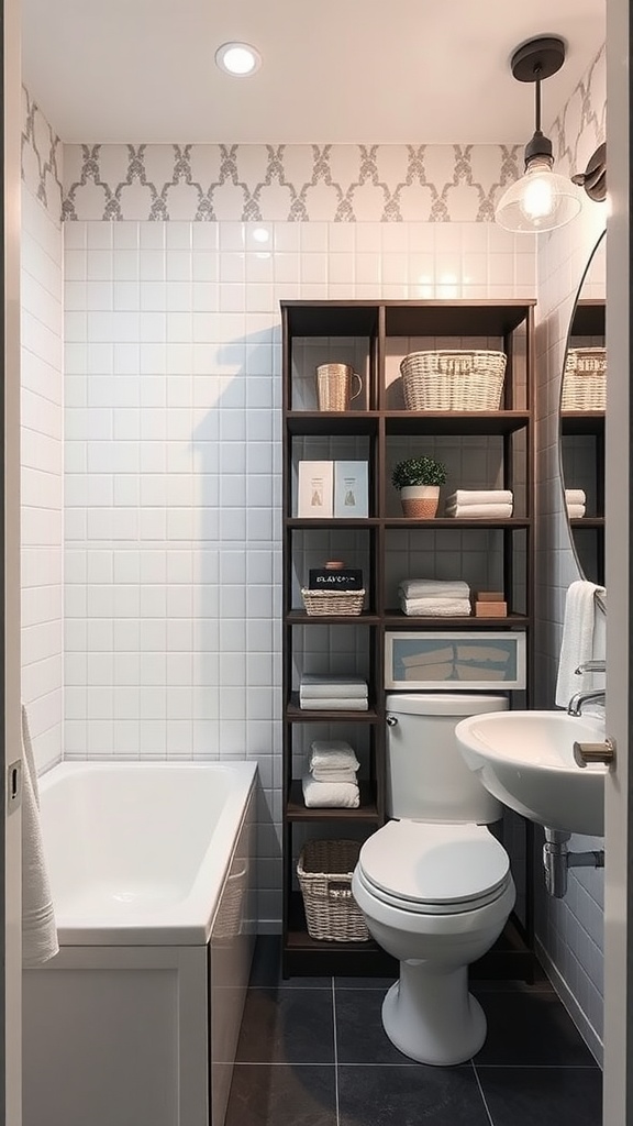 A stylish small apartment bathroom featuring a wooden storage shelf with baskets, towels, and a decorative plant, alongside a bathtub and modern fixtures.