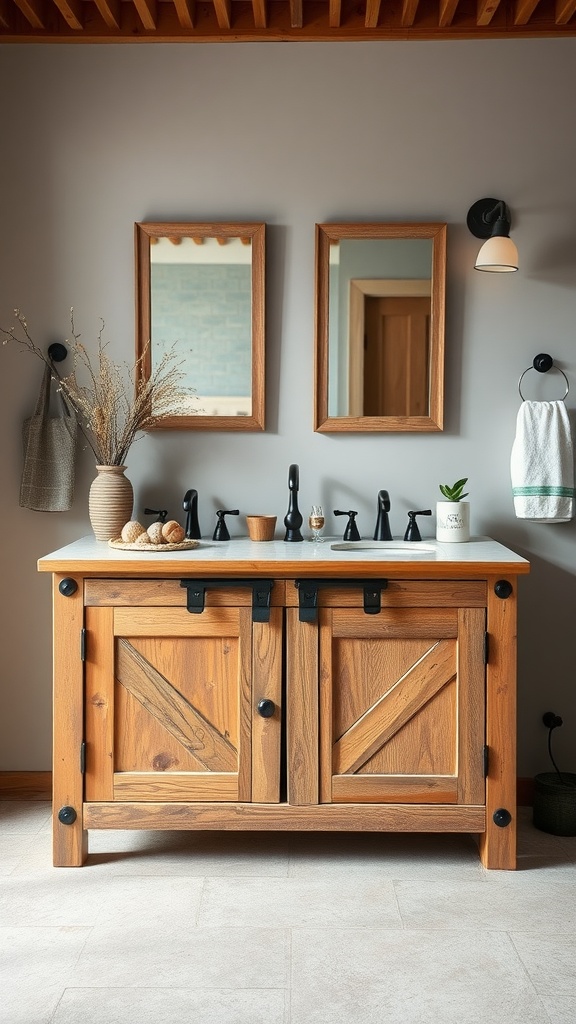 A rustic wooden vanity with black fixtures and two mirrors in a farmhouse bathroom.