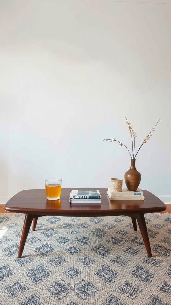 Mid-century modern coffee table with a glass of beverage, books, and a vase on a patterned rug.
