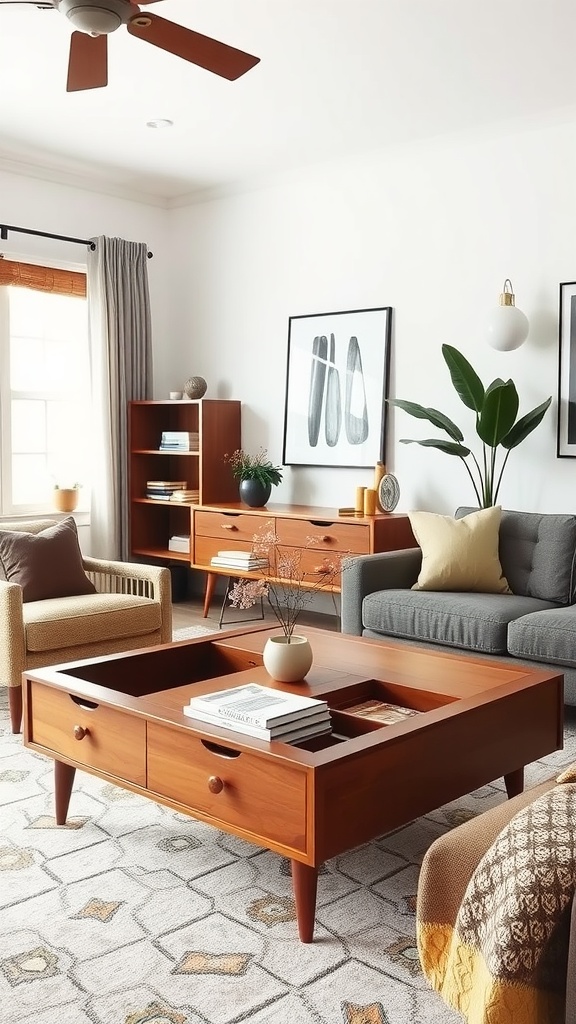 A modern living room featuring a mid-century modern coffee table with drawers, surrounded by stylish furniture and decor.