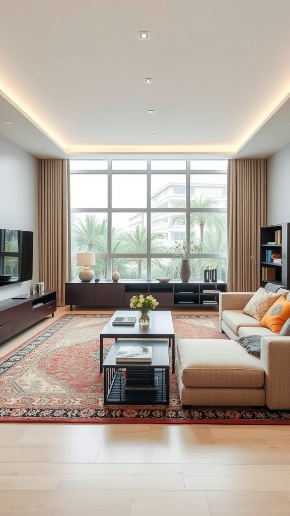 A stylish living room featuring large windows, a cozy sofa, a coffee table, and a decorative rug