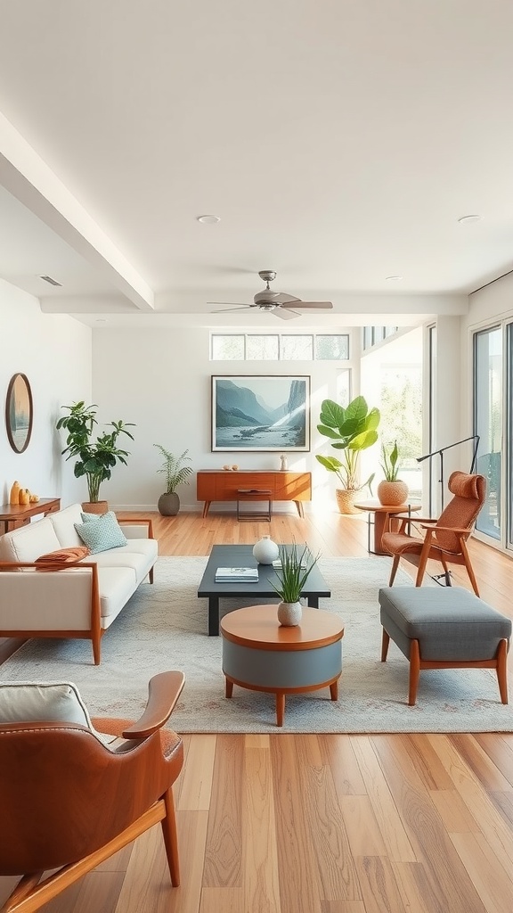 A modern living room featuring light wood flooring, white walls, and stylish furniture including a sofa, chairs, and a coffee table, accented by plants and natural light.
