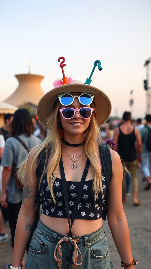 A woman at a rave wearing a hat with numbers, layered necklaces, and colorful sunglasses.