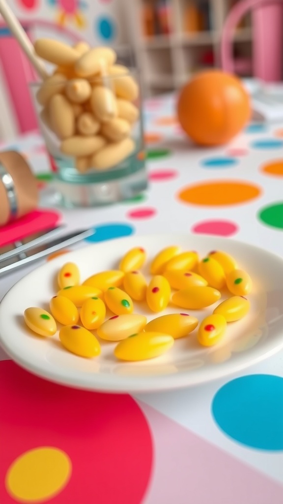 A close-up of yellow almond-shaped nails decorated with colorful dot patterns on a playful background.