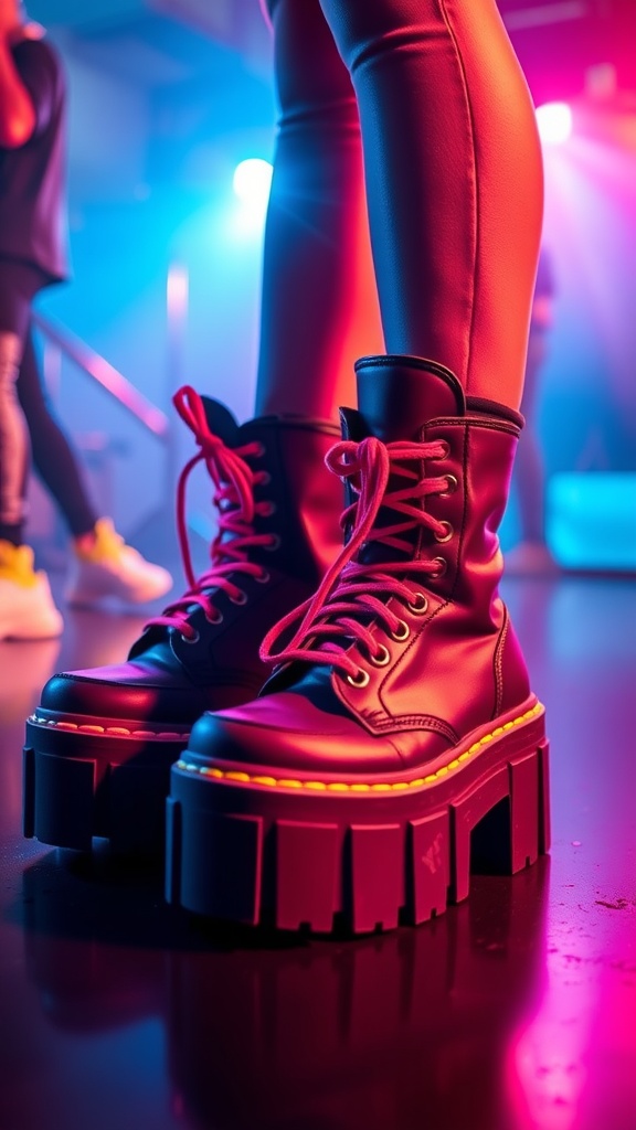 A close-up of black platform boots with pink laces, set in a colorful light environment.