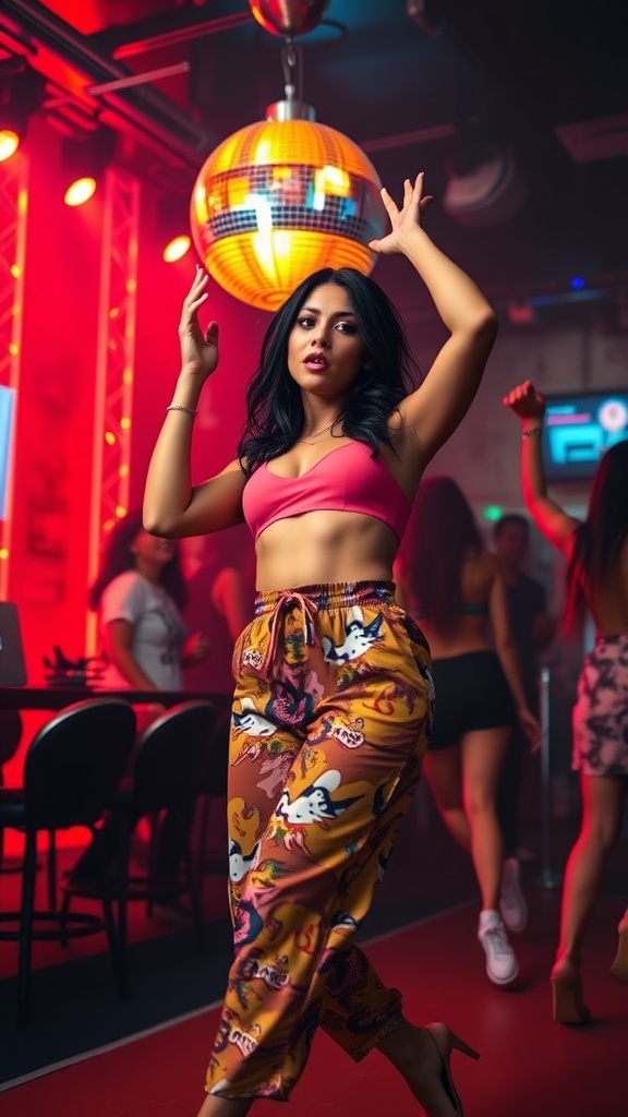 Woman dancing in a club wearing funky high-waisted pants and a pink top.