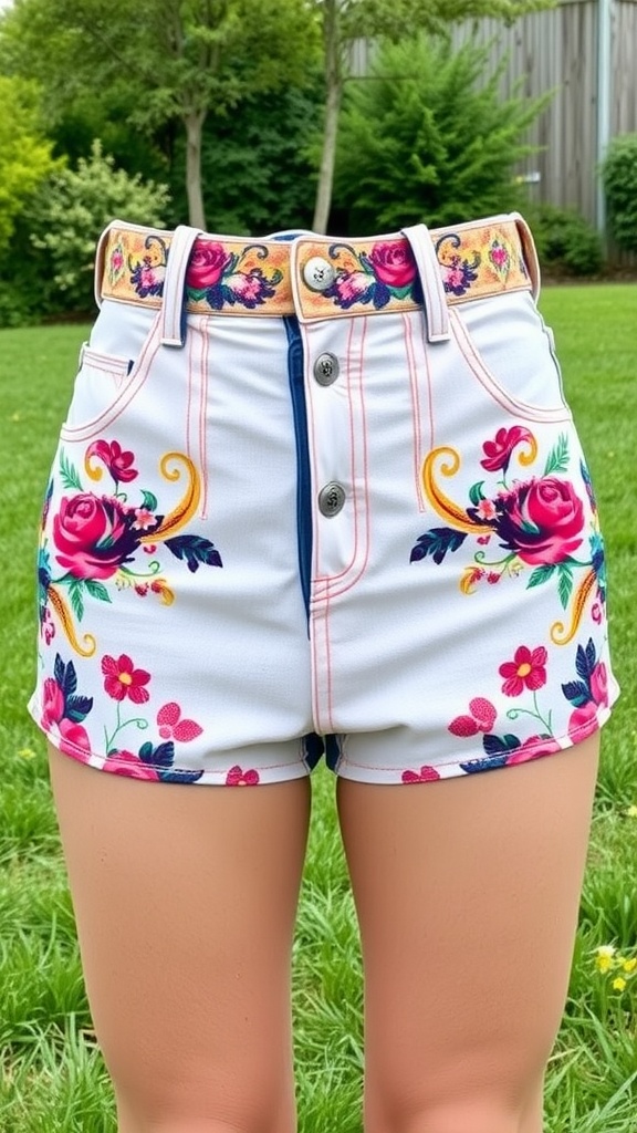 A pair of floral-patterned high-waisted shorts with a colorful waistband, set against a green background.