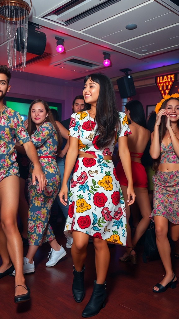 A group of young people dancing at a club, wearing colorful outfits with floral prints.
