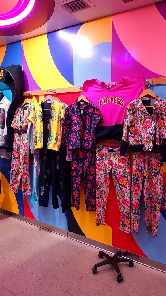 Colorful clothing display featuring funky prints and patterns for Las Vegas club outfits