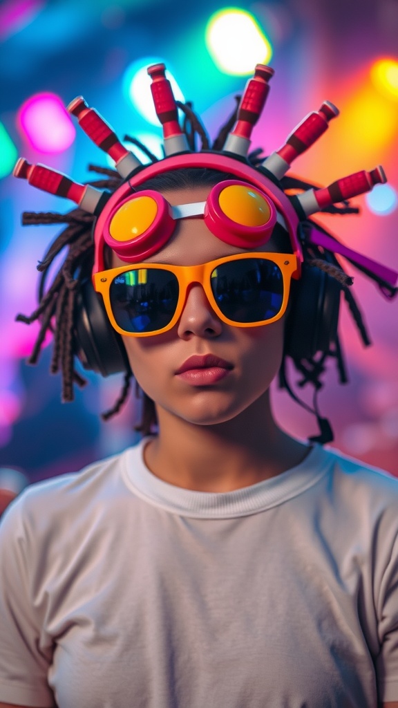 Person wearing funky sunglasses and colorful headgear at a rave party