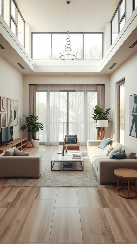 A stylish sunken living room featuring modern furniture, large windows, and a cozy atmosphere.
