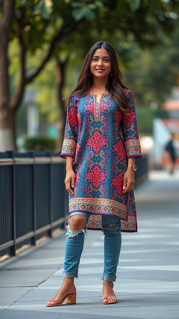 A woman wearing a colorful kurti paired with ripped denim jeans, standing outdoors.