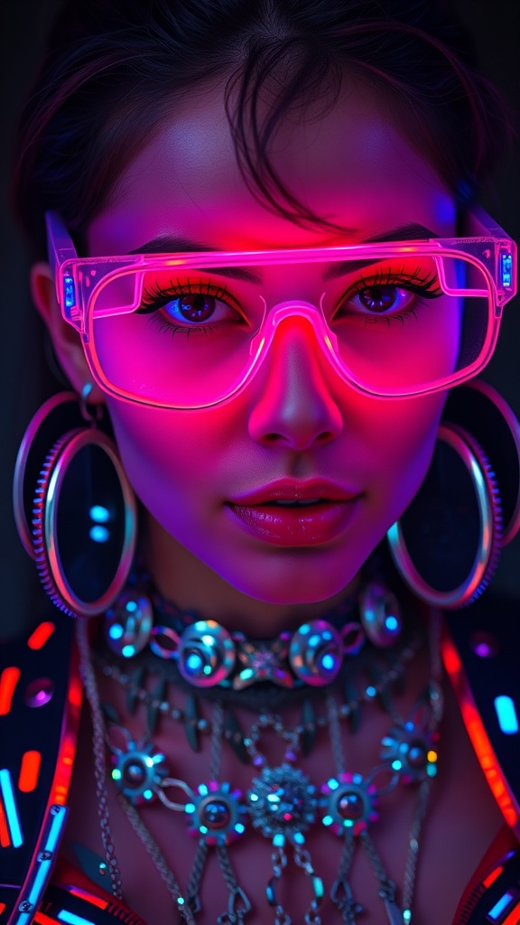 A person wearing neon glasses and large earrings, showcasing futuristic rave accessories.