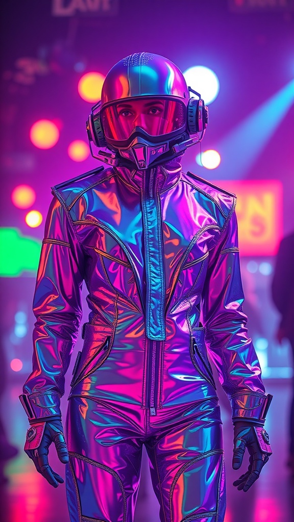 A person in a shiny, reflective outfit and helmet, showcasing a futuristic aesthetic in a vibrant, colorful environment