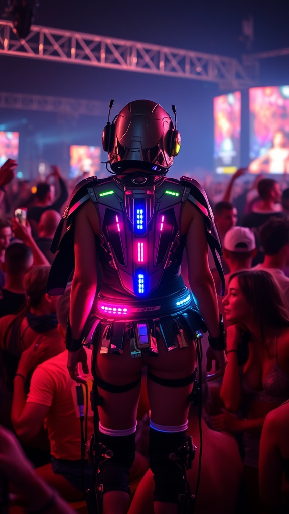 A person wearing a futuristic rave outfit with neon lights at a festival, surrounded by an energetic crowd.