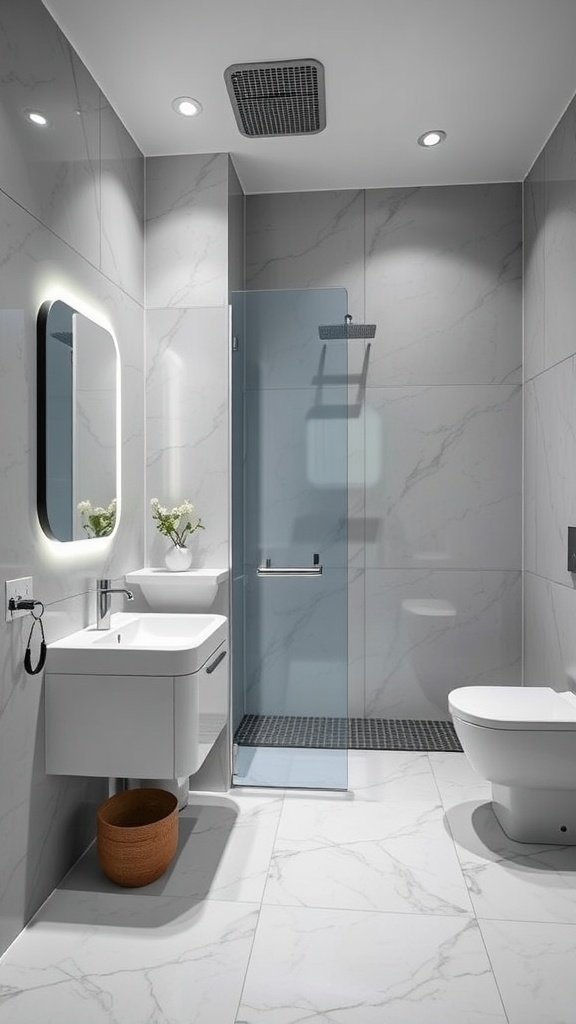A modern bathroom featuring sleek design elements such as marble tiles, a glass shower, and an illuminated mirror.