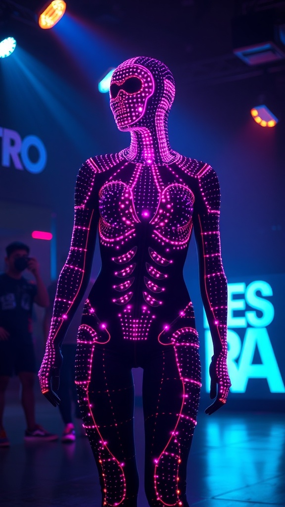 A futuristic bodysuit with LED accents glowing in pink and purple light