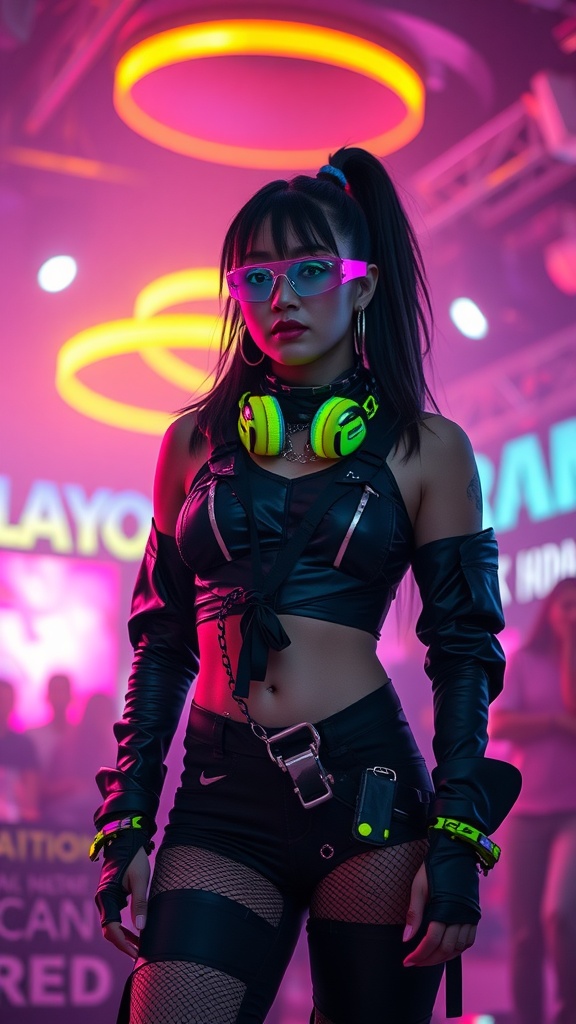 A person in a futuristic black rave outfit with neon headphones and glasses, surrounded by vibrant lights.
