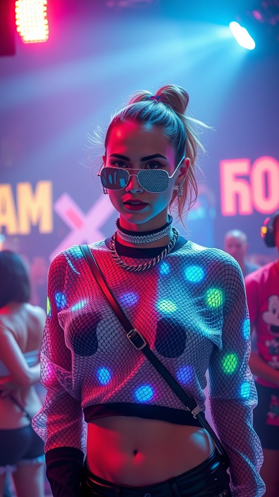 A woman wearing a futuristic mesh top with colorful dots and holographic accessories at a rave.