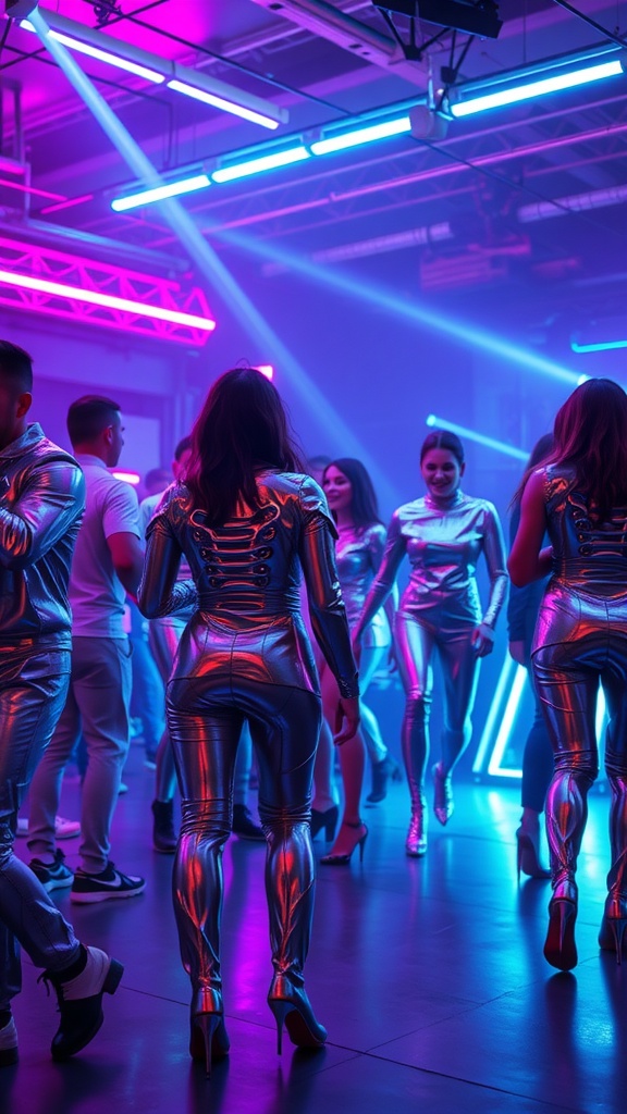 Group of people at a techno rave wearing futuristic metallic outfits under vibrant lights.