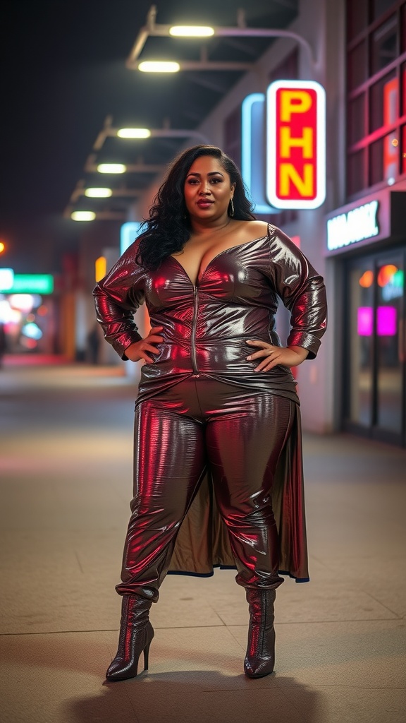 A person wearing a metallic zip-up outfit with a long cape, posing confidently in a vibrant urban setting at night.