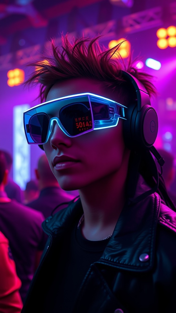 Person wearing futuristic visors and sunglasses at a rave, with vibrant lighting and a lively crowd in the background.