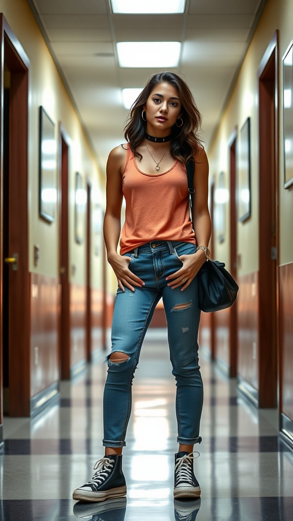 Gabriella Montez in a casual outfit consisting of a bright orange tank top, ripped jeans, and black high-top sneakers, standing in a school hallway.
