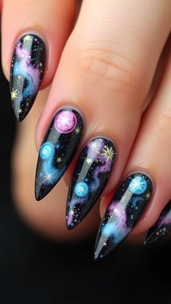 Close-up of stiletto nails with galaxy-inspired art featuring stars and planets.