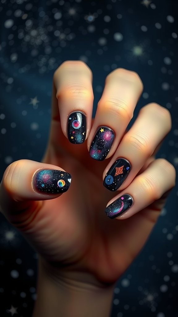 Close-up of galaxy-inspired nail designs featuring dark base and colorful cosmic elements.