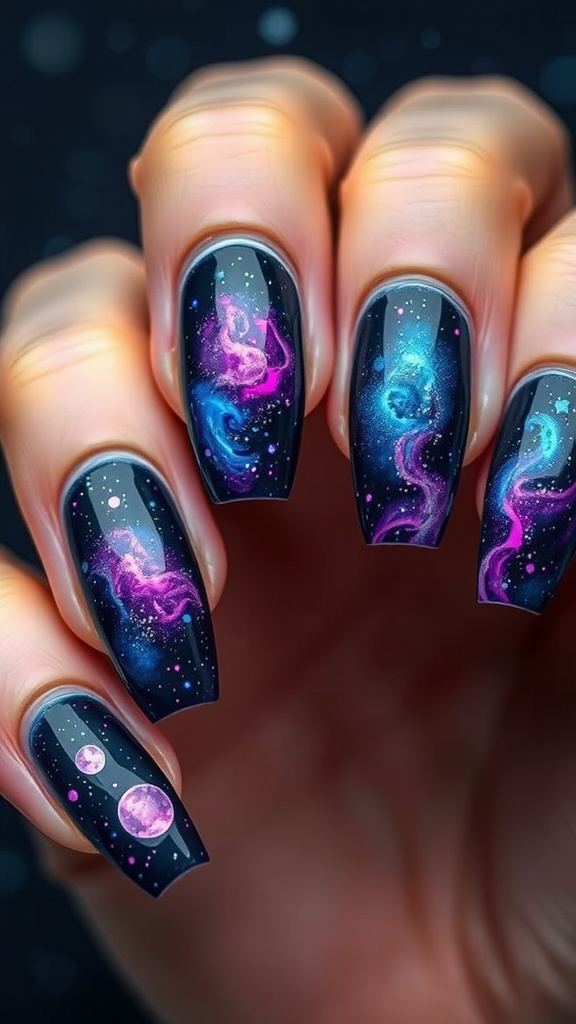 Nails styled in galaxy theme with dark base and colorful cosmic patterns