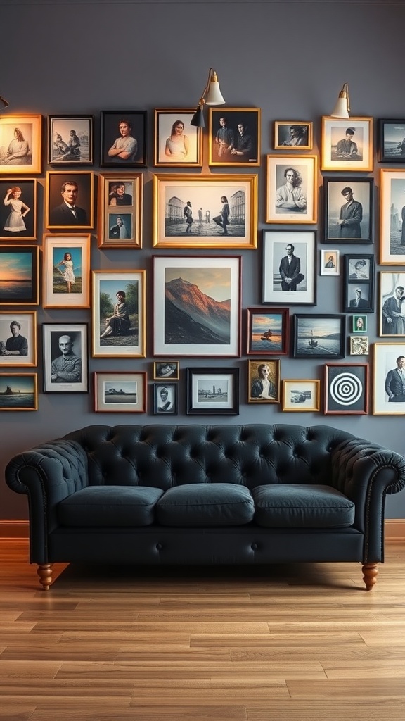 A black couch in front of a colorful gallery wall filled with framed photographs and artwork.