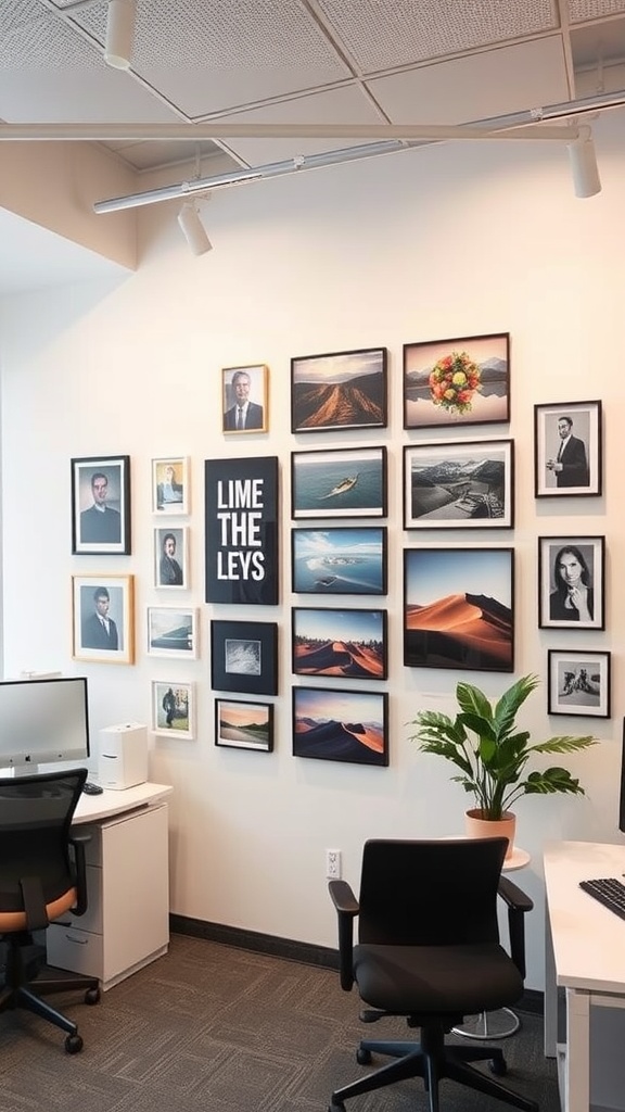 Gallery wall featuring employee portraits and scenic photos in an office setting.