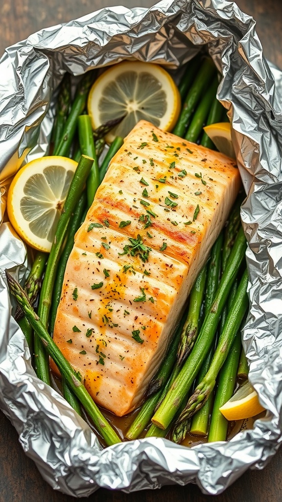 Baked salmon with asparagus and lemon in foil